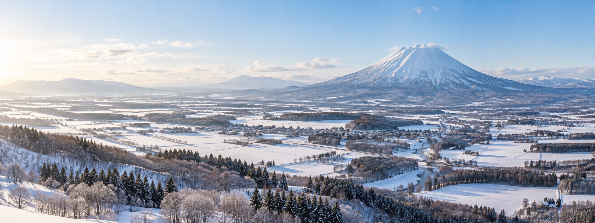 Illustrative winter panorama of Mount Yotei, regional roads, fields and settlement structure in the Niseko–Yotei region