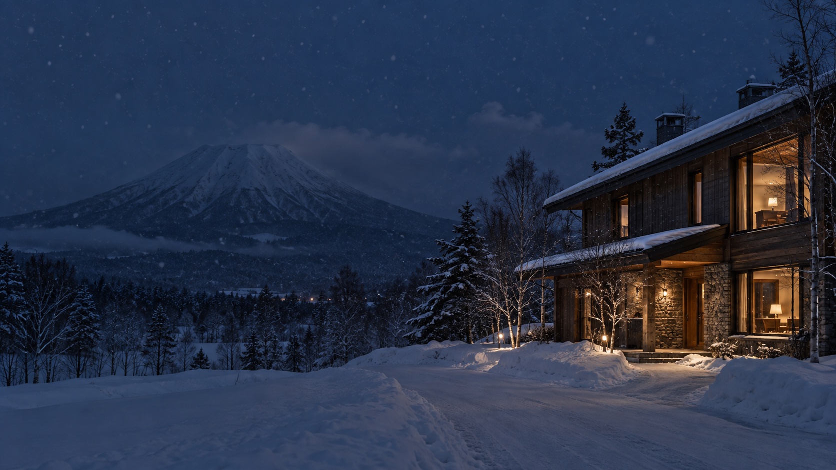 Conceptual snowy winter evening hospitality setting in the Niseko–Yotei region